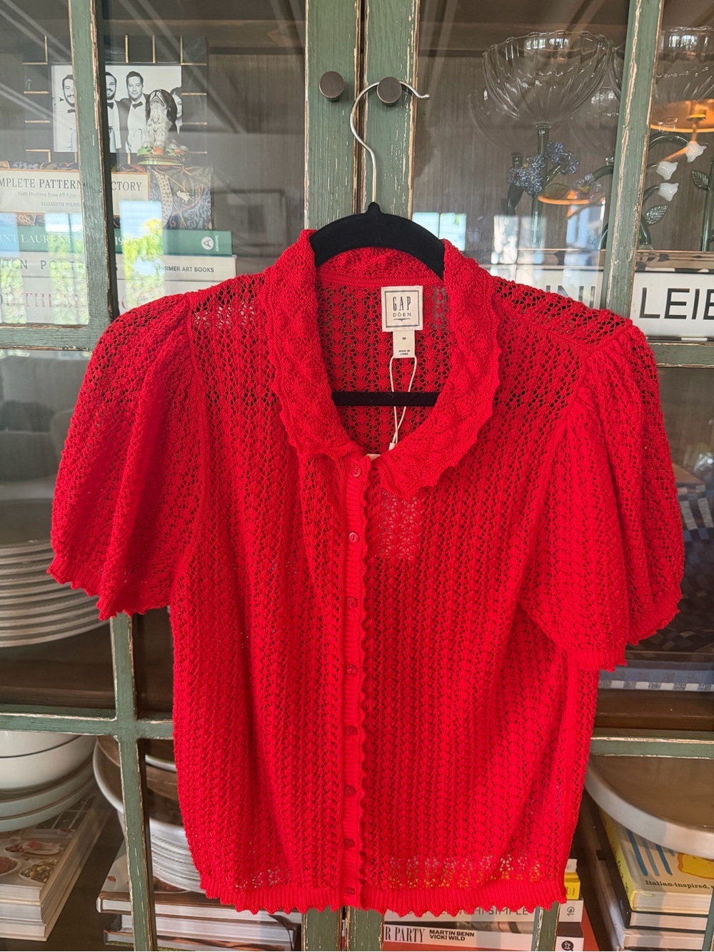 NWT GAP x DÔEN Red Pointelle Puff Sleeve Knit Cardigan Top size M Sold Out